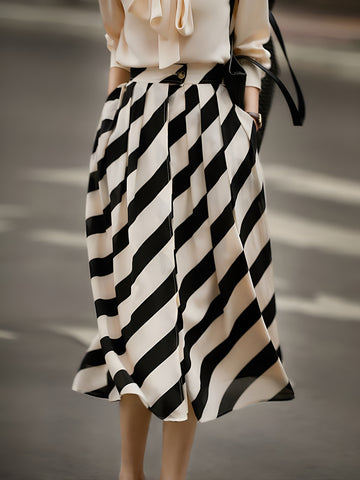 Elegant Striped Pleated Midi Skirt