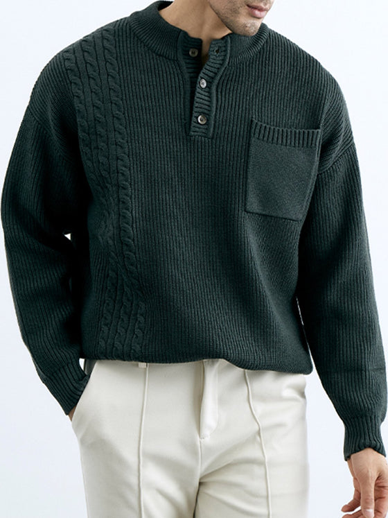M's Cable Henley Pocket Sweater - Ahaselected