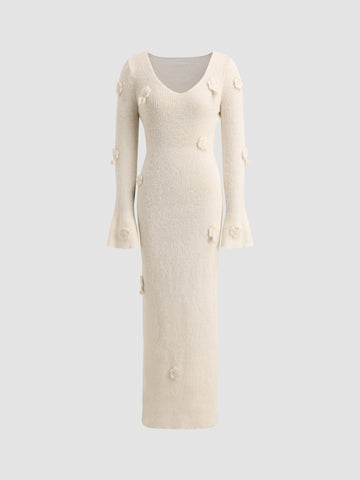 브이넥 슬림핏 플로럴 2피스 스웨터 드레스 세트
