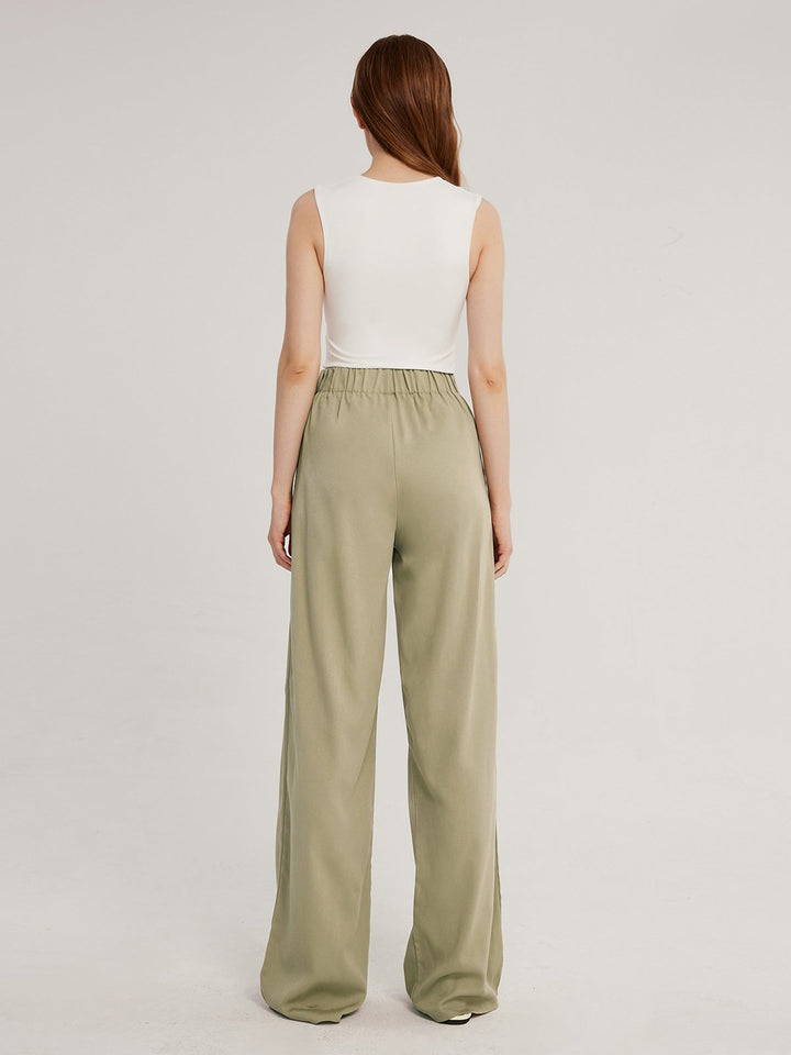 Elastic Waist Tied Wide Leg Twill Pants