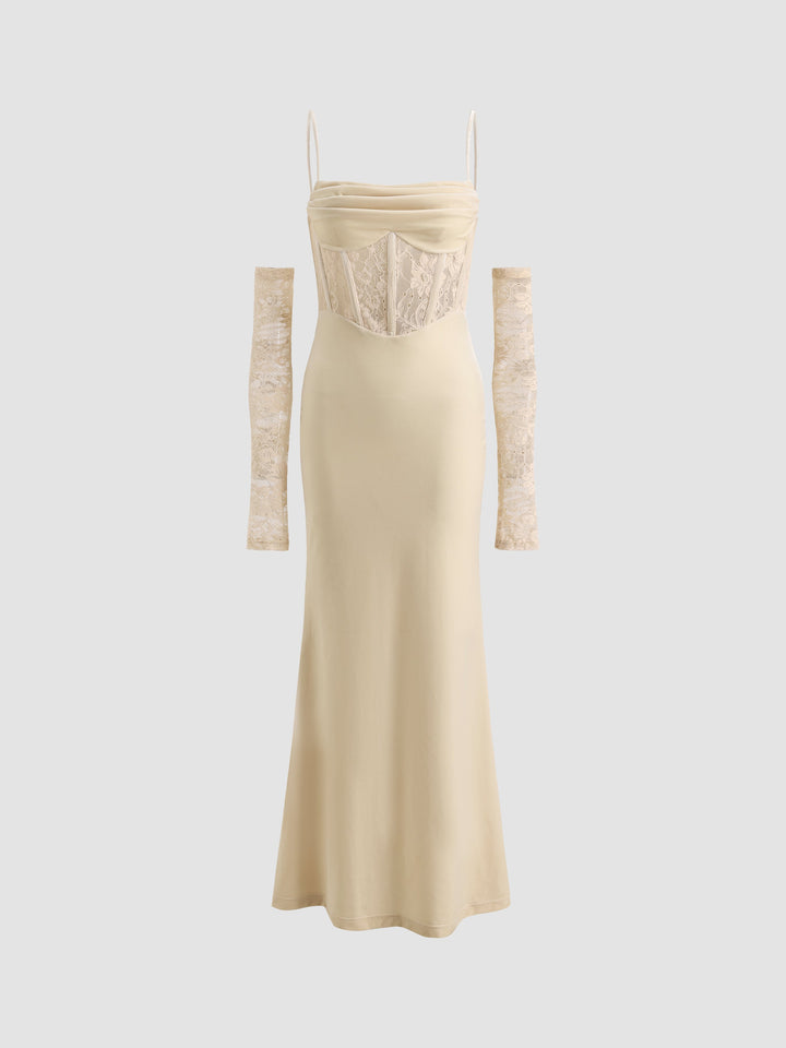 Lace-Bodice Splicing Velvet Dress with Gloves