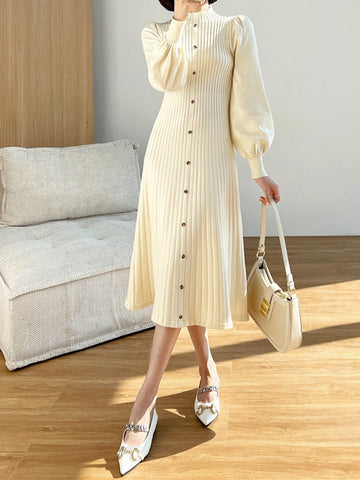 Half-Neck Puff Sleeve Knit Midi Dress