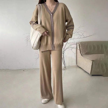 Chic Contrast Striped Cardigan+ Wide-leg Pants Knitted Set