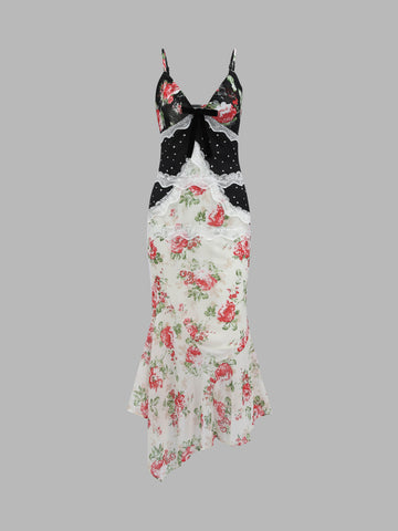 Floral Print Polka Dot Spliced Lace Trim Cami Maxi Dress