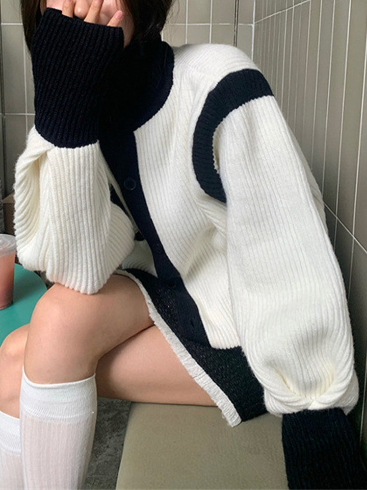 Cozy High Neck Color-Block Knit Cardigan