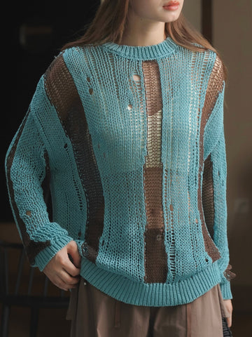 Cozy Hollow Out Color Block Sweater