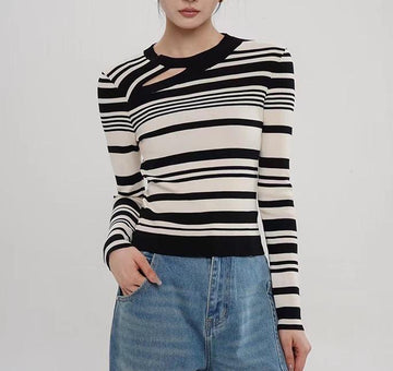 Unique Striped Contrast Loophole Base Shirt