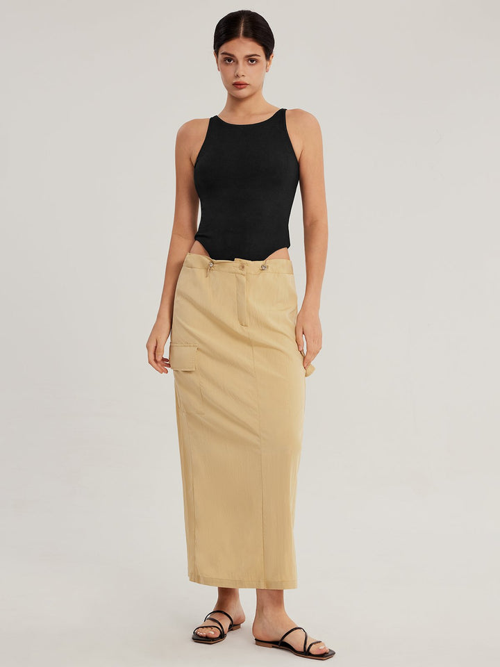 Back Slit Toggle Waist Cargo Maxi Skirt