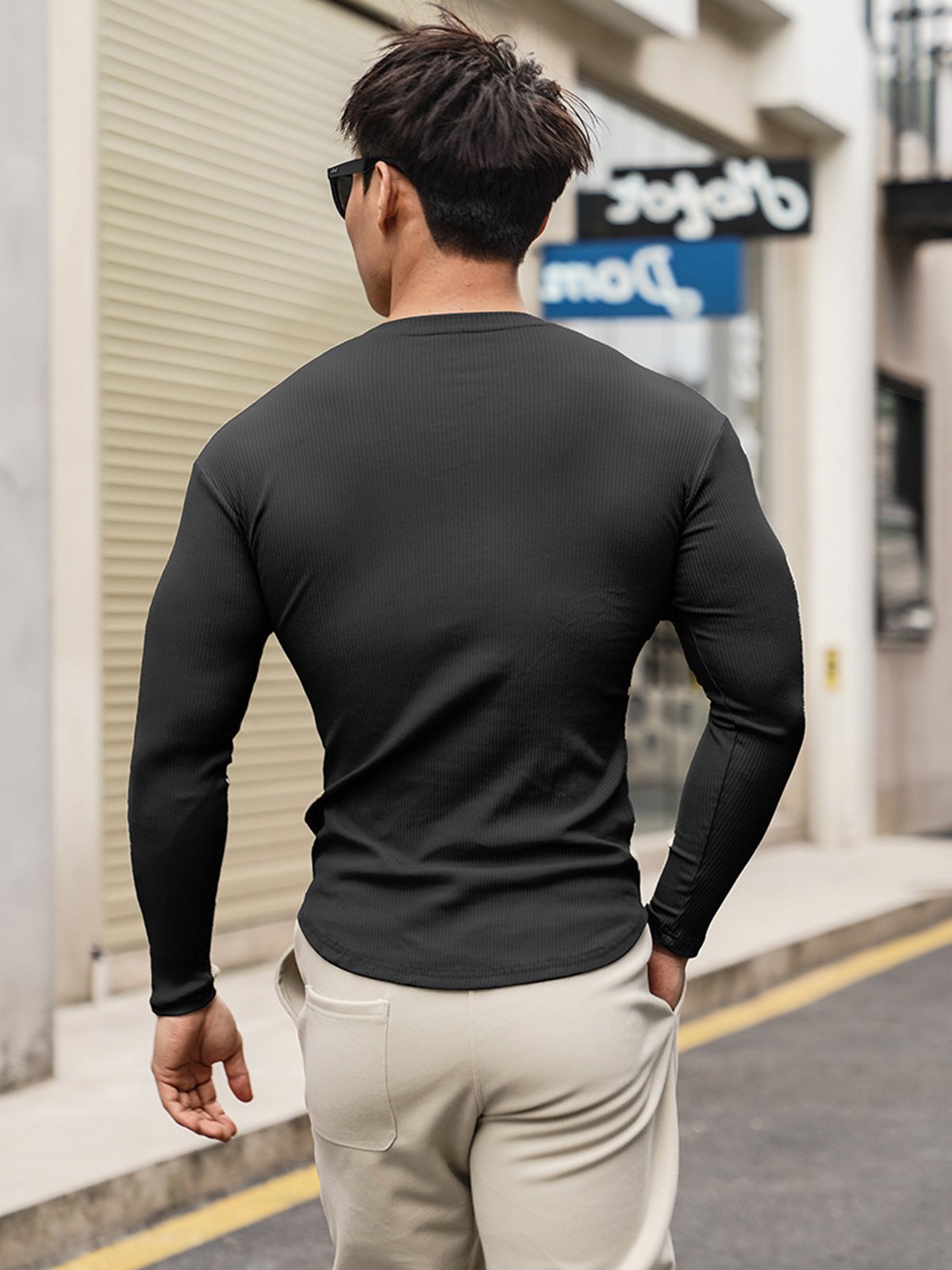 Muscle Fit V-Neck Long Sleeve Cotton Rib Knit Tech T-Shirt - Ahaselected