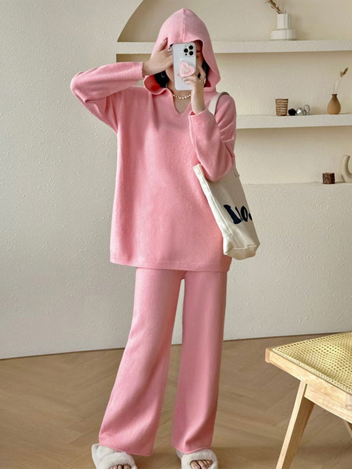 Hooded V-Neck Casual Sweater & Loose Trouser Lounge Set