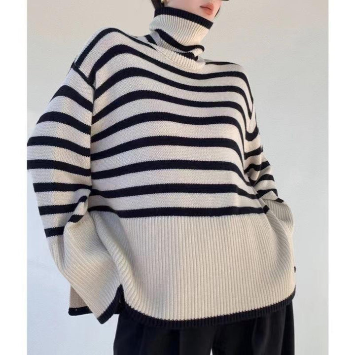 Striped Turtleneck Drop Shoulder Sweater