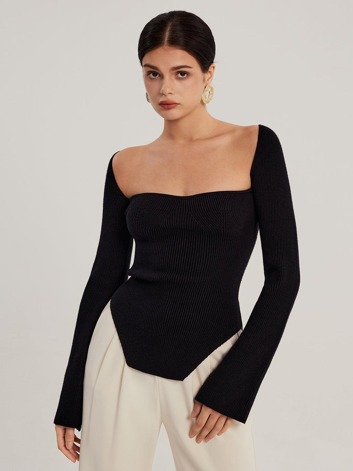 Sweetheart Neck Ribbed Knit Shirt