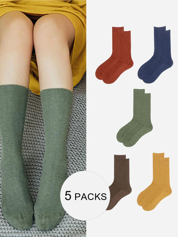 5 Pcs Solid Color Ribbed Crew Socks