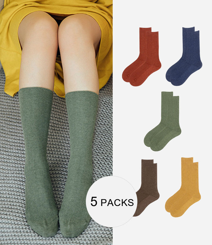 5 Pcs Solid Color Ribbed Crew Socks