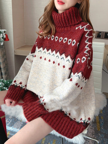 Christmas Turtle-Neck Jacquard Loose Sweater