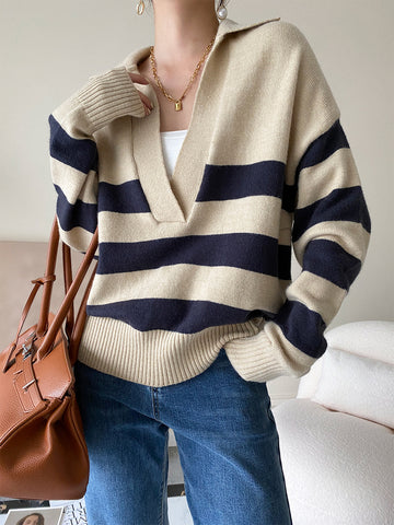 Plunge Polo Striped Sweater