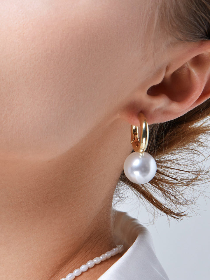 Gold Plated White Natural Ellipse Pearl Drop Earrings
