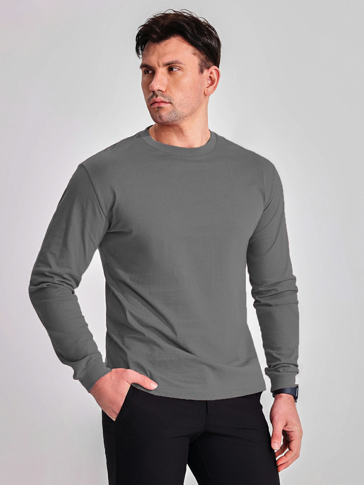Crew neck Long Sleeve Cotton T-Shirt - Ahaselected