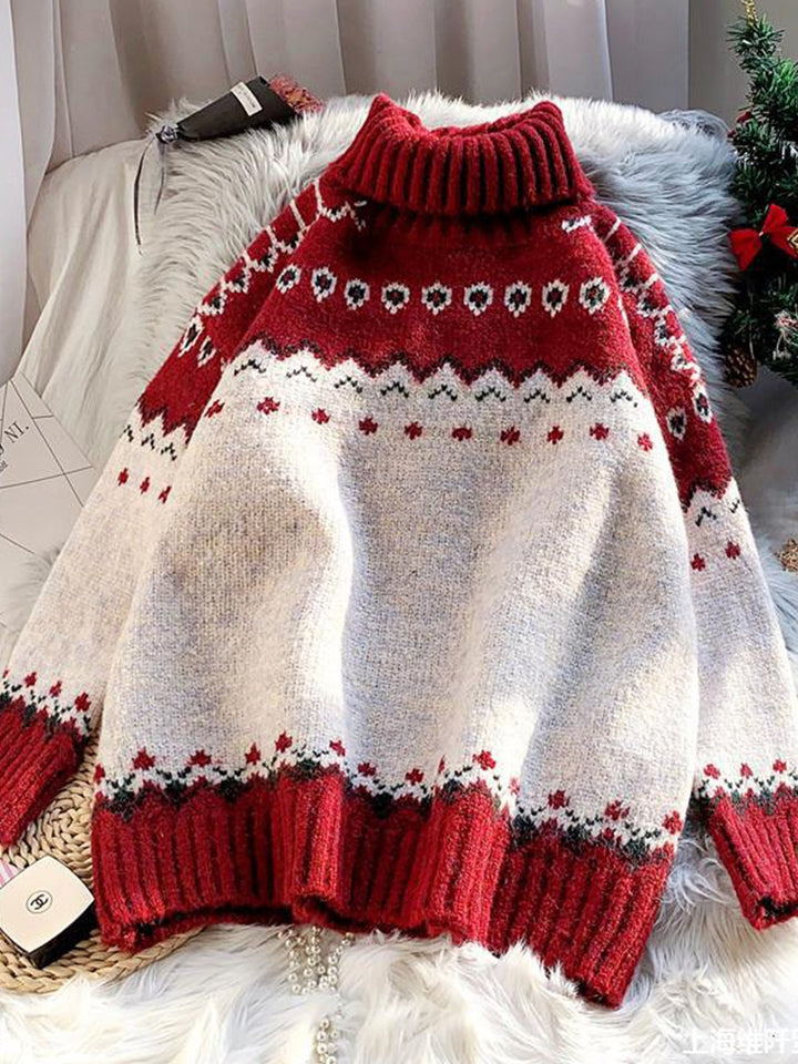 Christmas Turtle-Neck Jacquard Loose Sweater