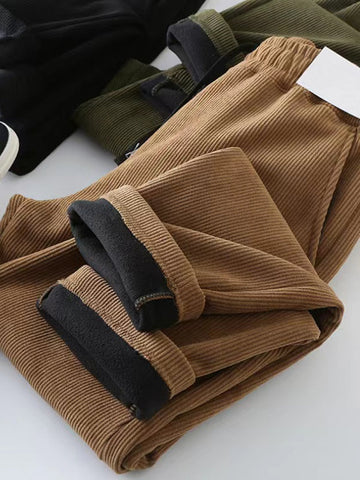 Corduroy Fleece-Lined Elastic Waist Straight Pants