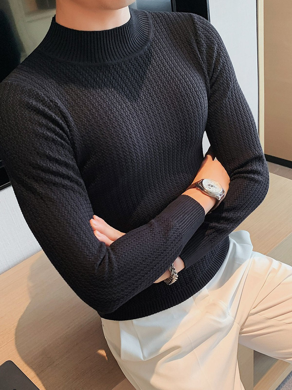 Mock-Neck Texture Baselayer Sweater - Ahaselected