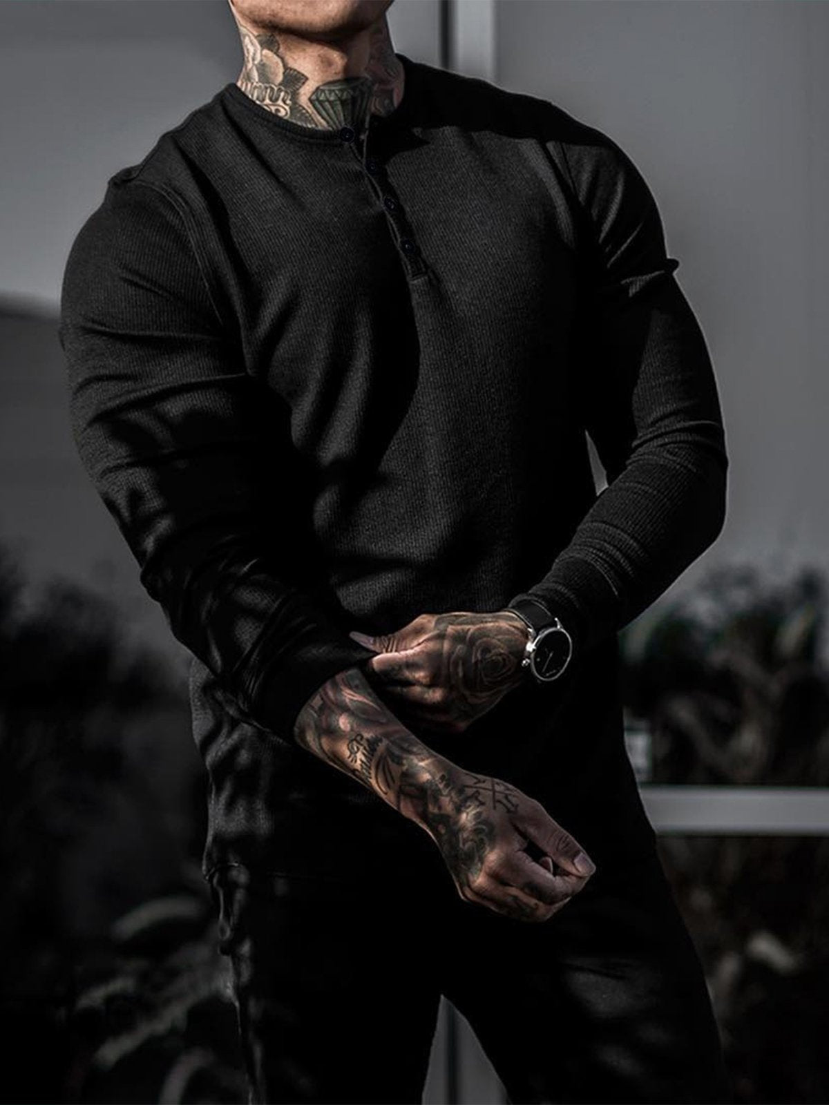 Rib Knit Curved Hem Long Sleeve Henley Shirt - Ahaselected