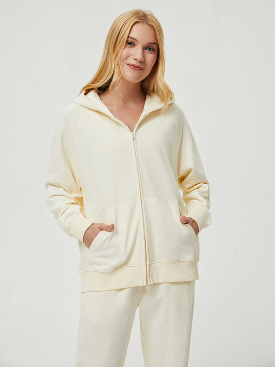 Terry Fleece Cloud Nine Zip Hoodie-Warm White - Ahaselected