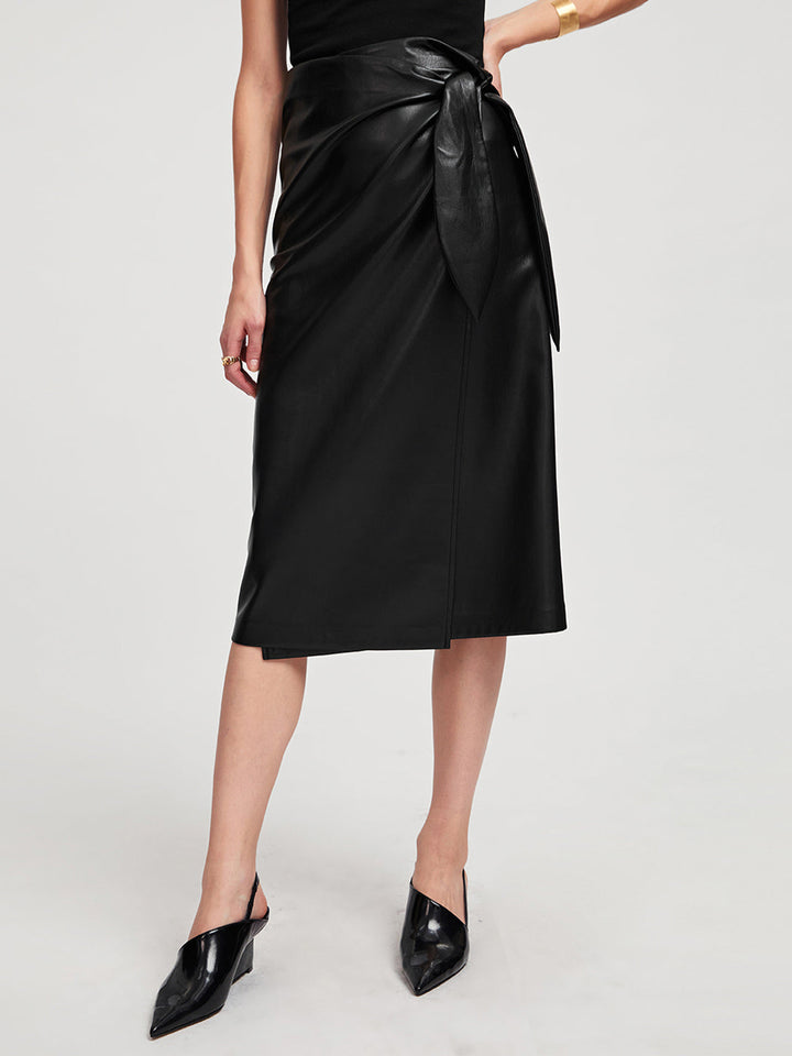 Black Long Wrap Vegan Leather Midi Skirt