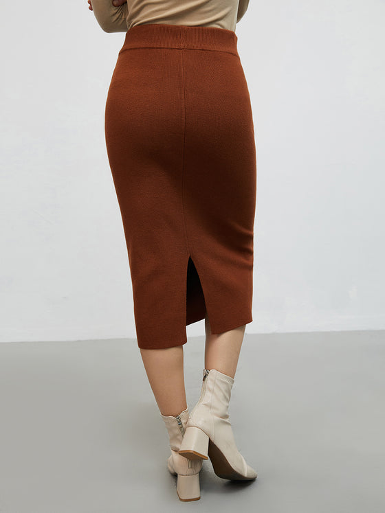 Woolen Slit Knit Midi Skirt - Ahaselected